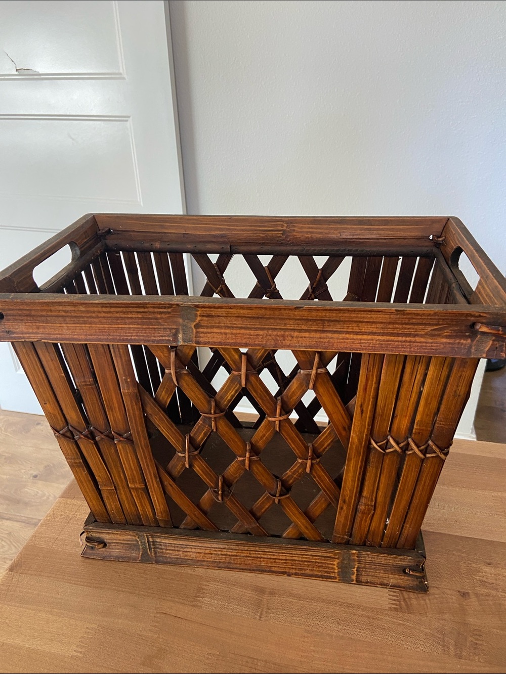 Bamboo Rattan Magazine Rack Lattice Storage Basket Boho Decor